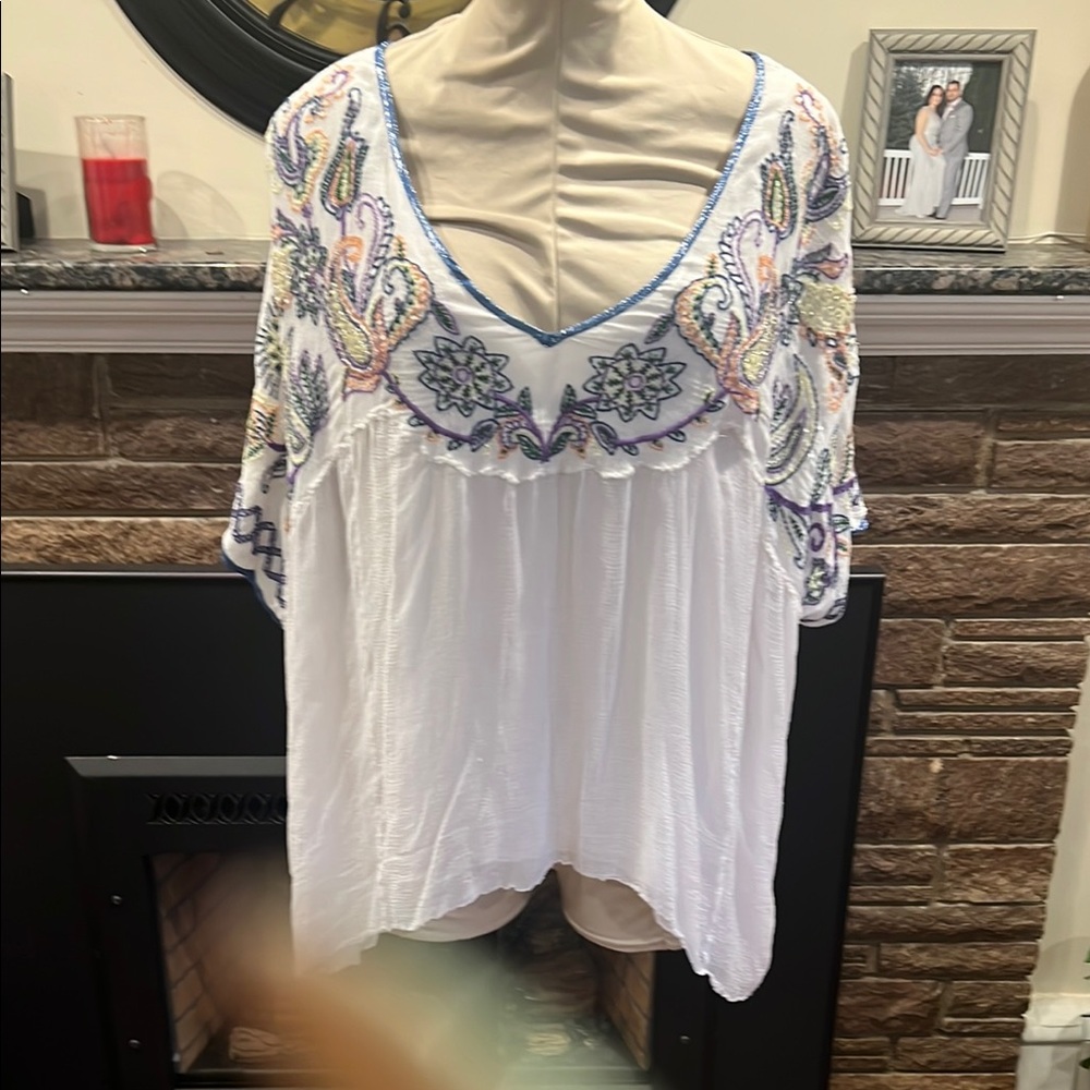 Free People Embroidered White Boho Top